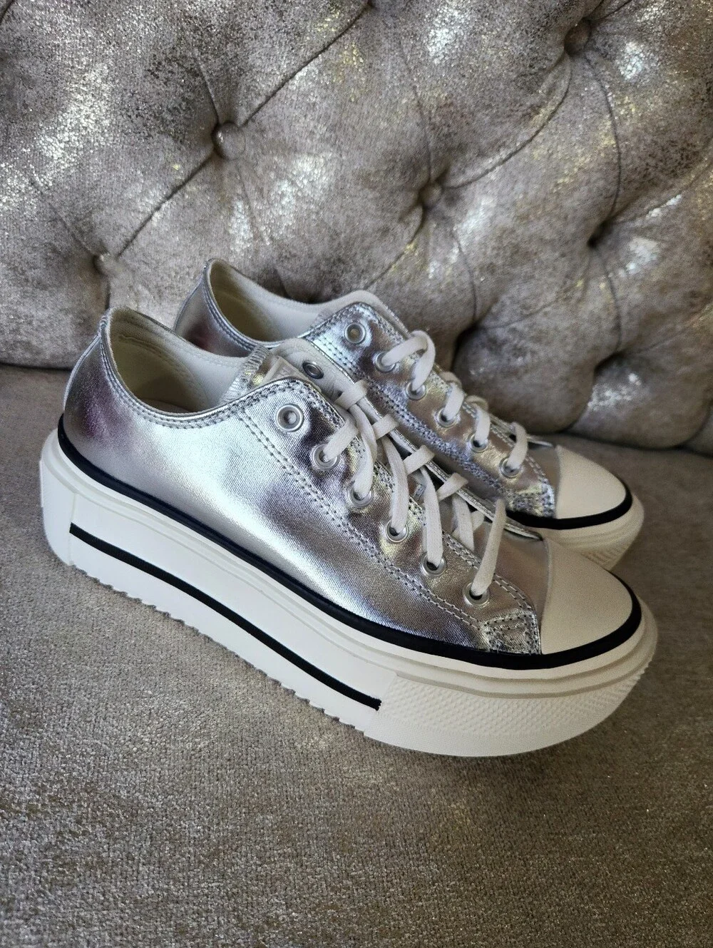 Women's Metallic Silver Platform Lace-Up Sneakers